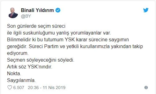 Binali Yıldırım'dan açıklama: Artık söz YSK'nındır